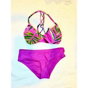 Bikini Set - Tropical Hot Pink Strappy Back Top  & Cheeky Bikini Bottom - New